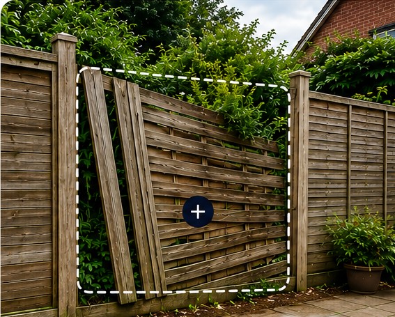 Damaged garden fence with a leaning panel and post